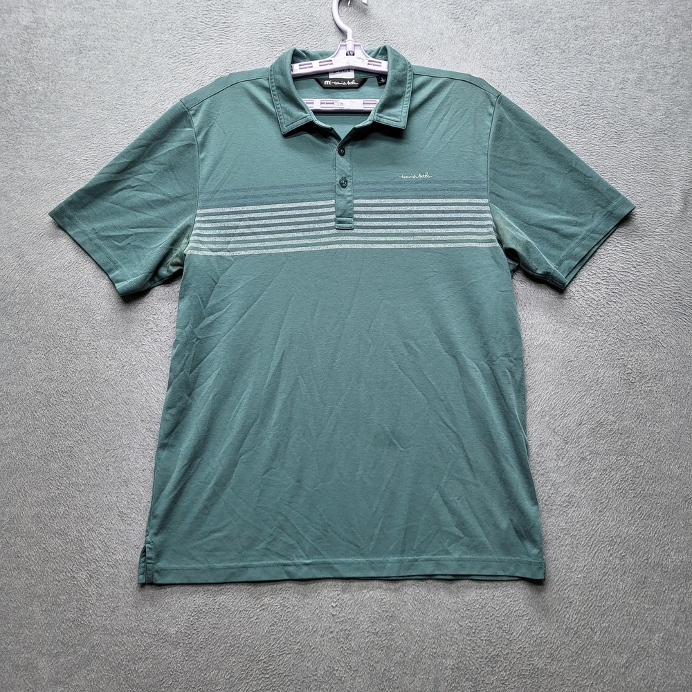Travismathew Men Polo L Teal Brand Signature Embroidery Striped Logo Button